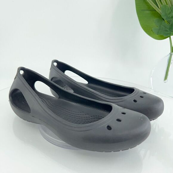 CROCS Women's Kadee Flats Size 7 Slingback Shoe Black Rubber Slip On Vented - Picture 2 of 8